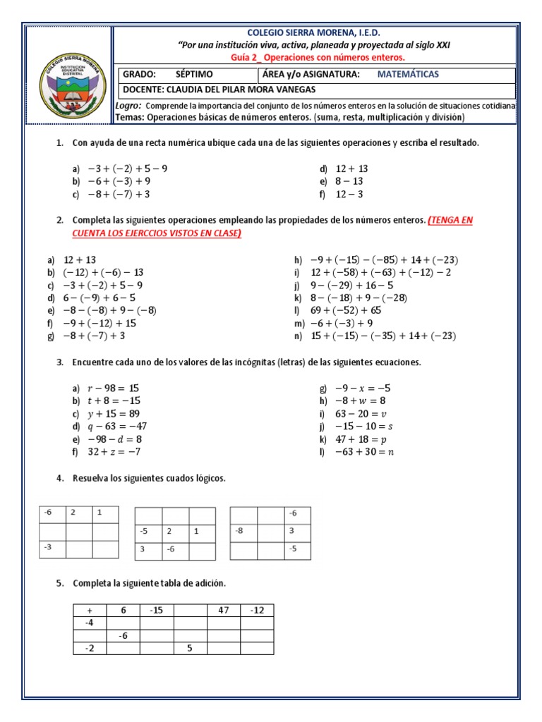 Guía de operaciones con números enteros | PDF | Entero | Matemáticas