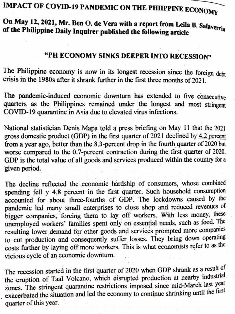 Impact of COVID-19 Pandemic in The Philippine Economy | PDF | Recession ...