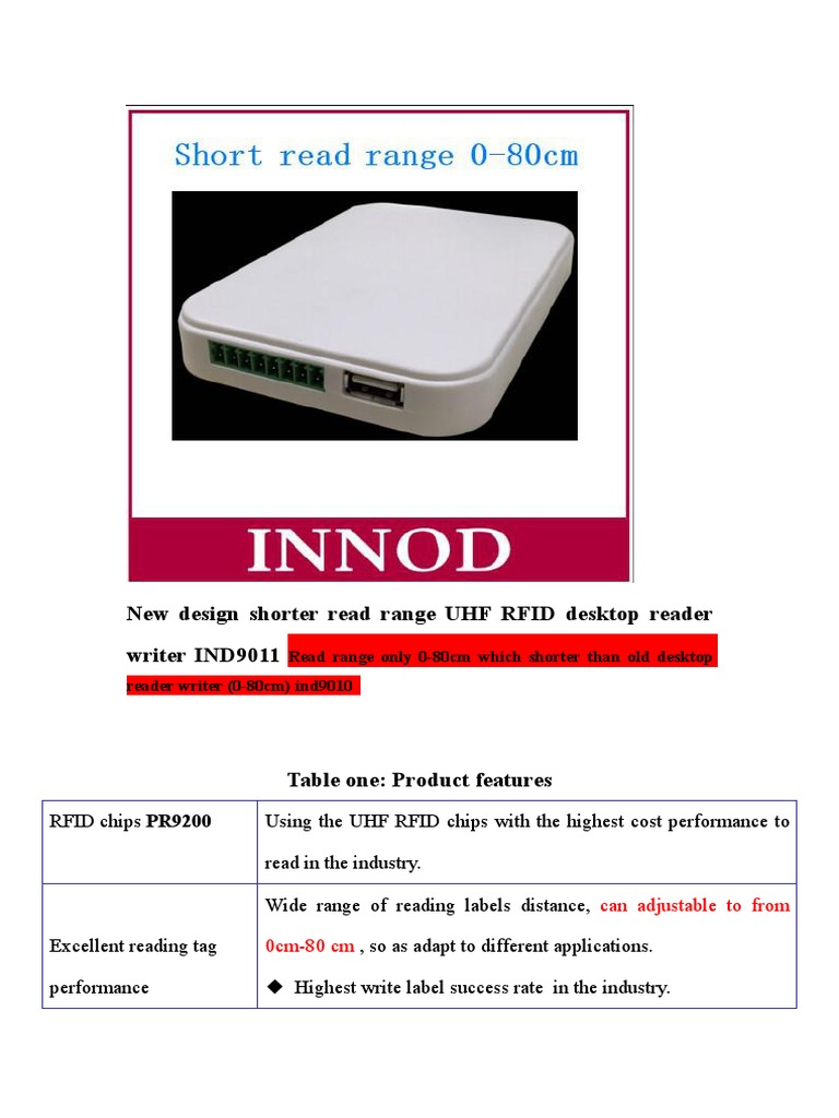 Specification-Usb UHF RFID Desktop Reader Writer IND9011 | PDF | Radio ...