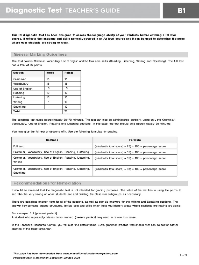 B1 Diagnostic Test Teacher's Guide Answer Key | PDF | Verb ...