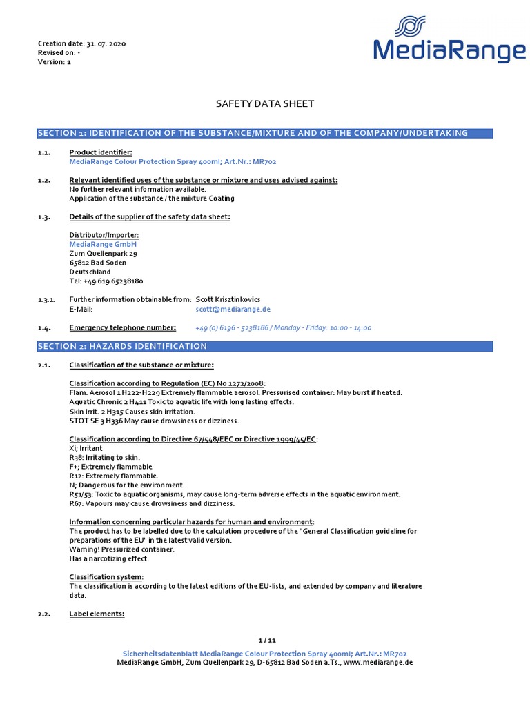 Product and Safety Data Sheet For MediaRange Colour Protection Spray ...