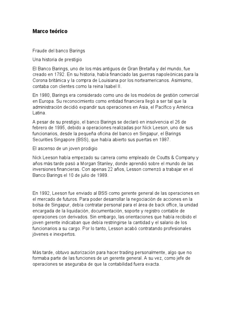 Marco Teórico Caso Barings PDF Bancos Sociedad