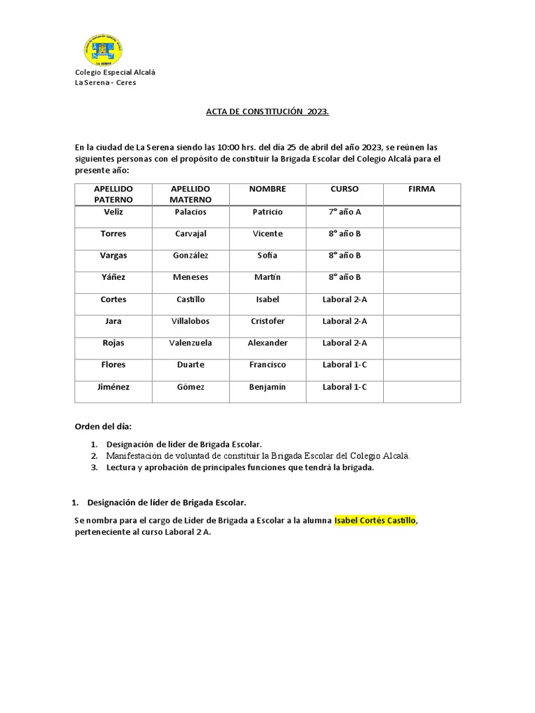 Acta Constitución Brigada Escolar 2023 | PDF