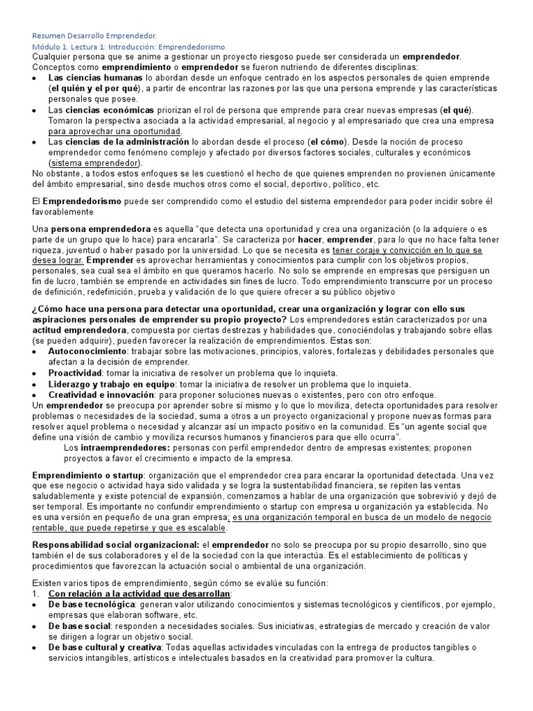 Resumen sobre Desarrollo Emprendedor | PDF | Iniciativa empresarial ...