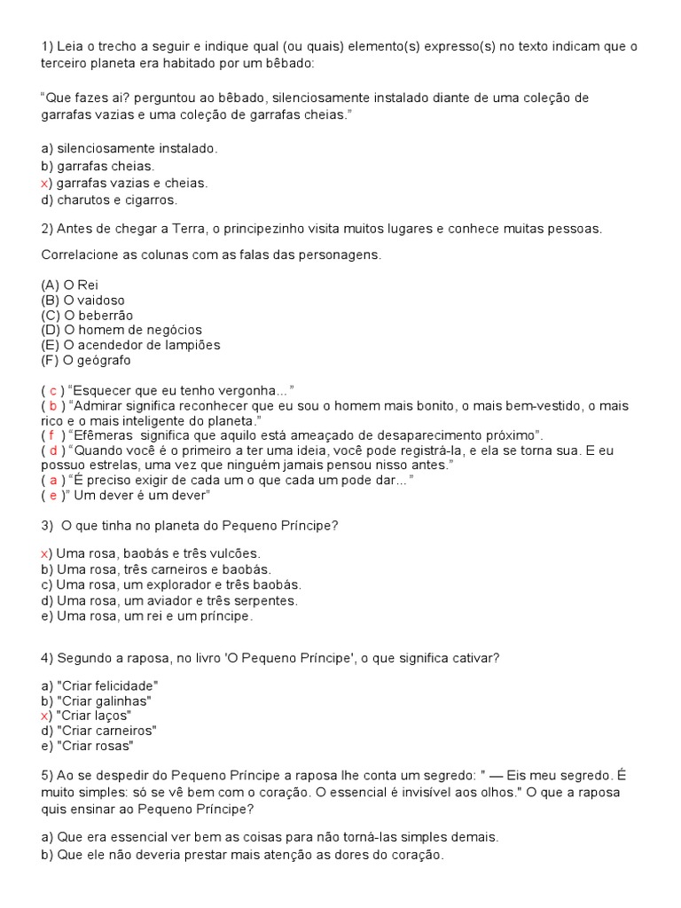 Atividades Sobre o Livro Pequeno Príncipe - Com Gabarito | PDF | O ...
