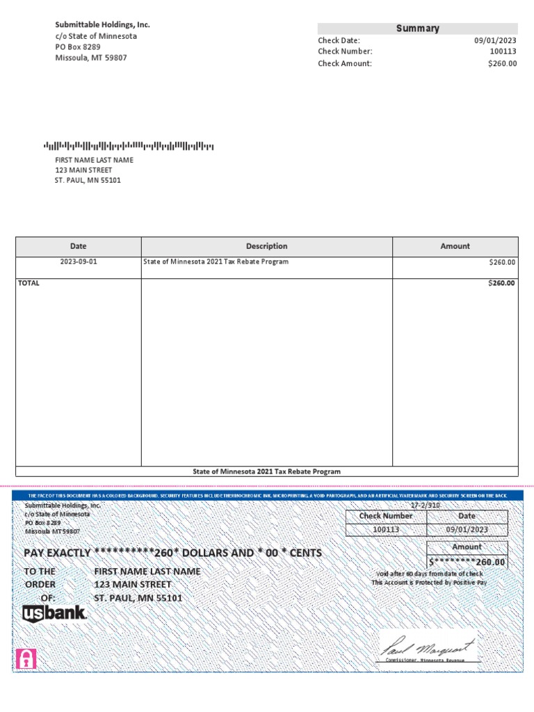 MN Tax Rebate Check Proof PDF Taxes Government Finances