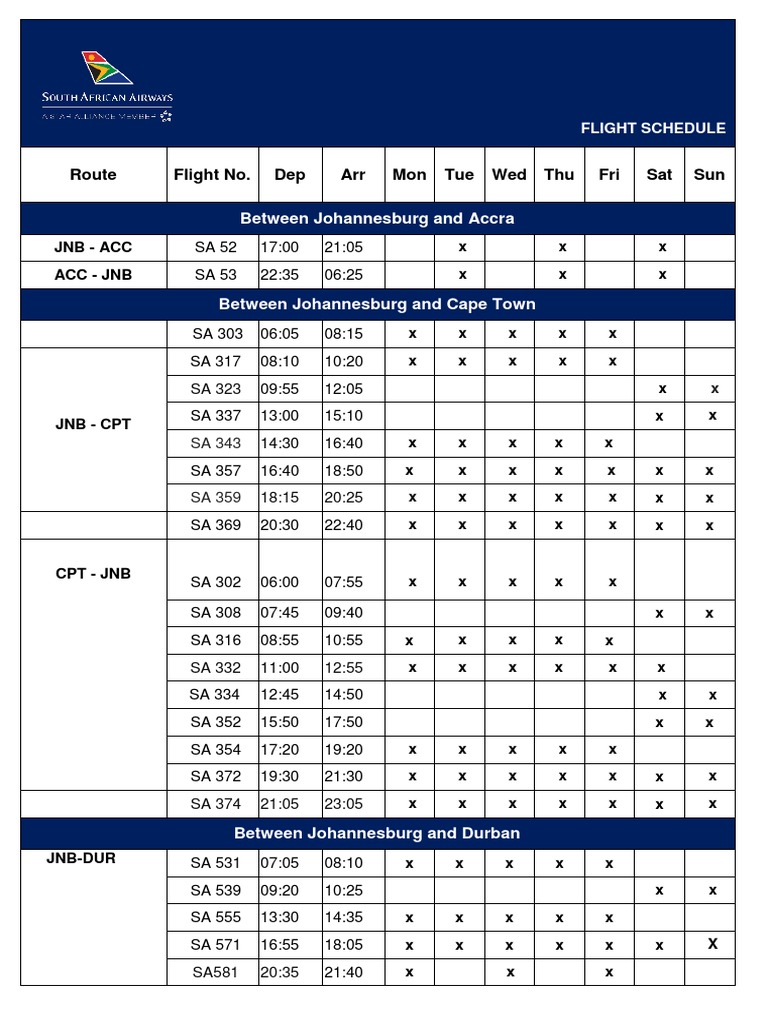 South African Airways Flight Schedule Eff 04 July 2023 PDF