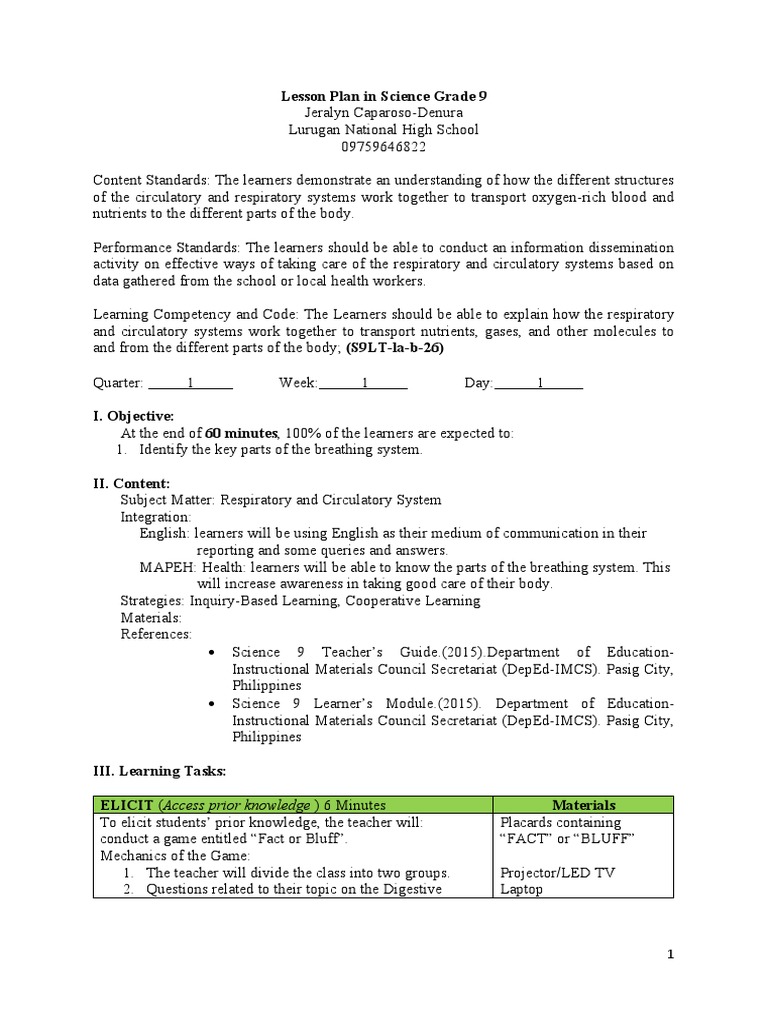Grade 9 Science Lesson Plan: Body Systems | PDF | Digestion | Learning