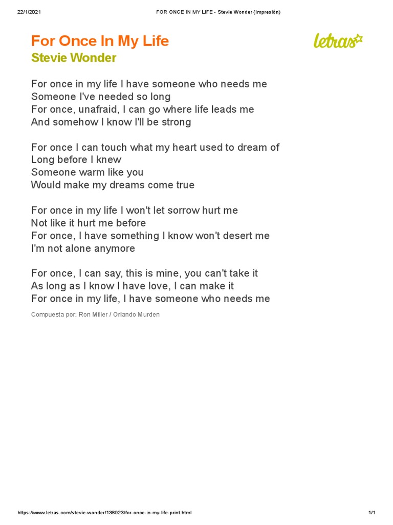 For Once In My Life Lyrics Summary | PDF | Poetry