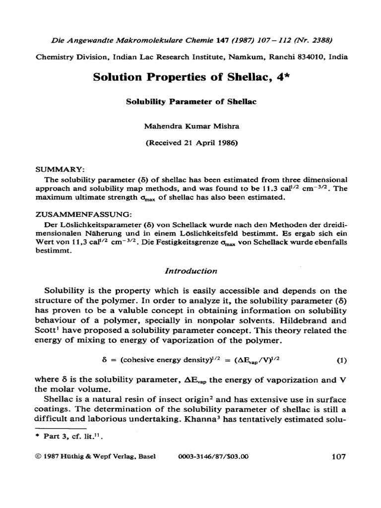Solution Properties of Shellac | PDF | Solubility | Chemical Polarity