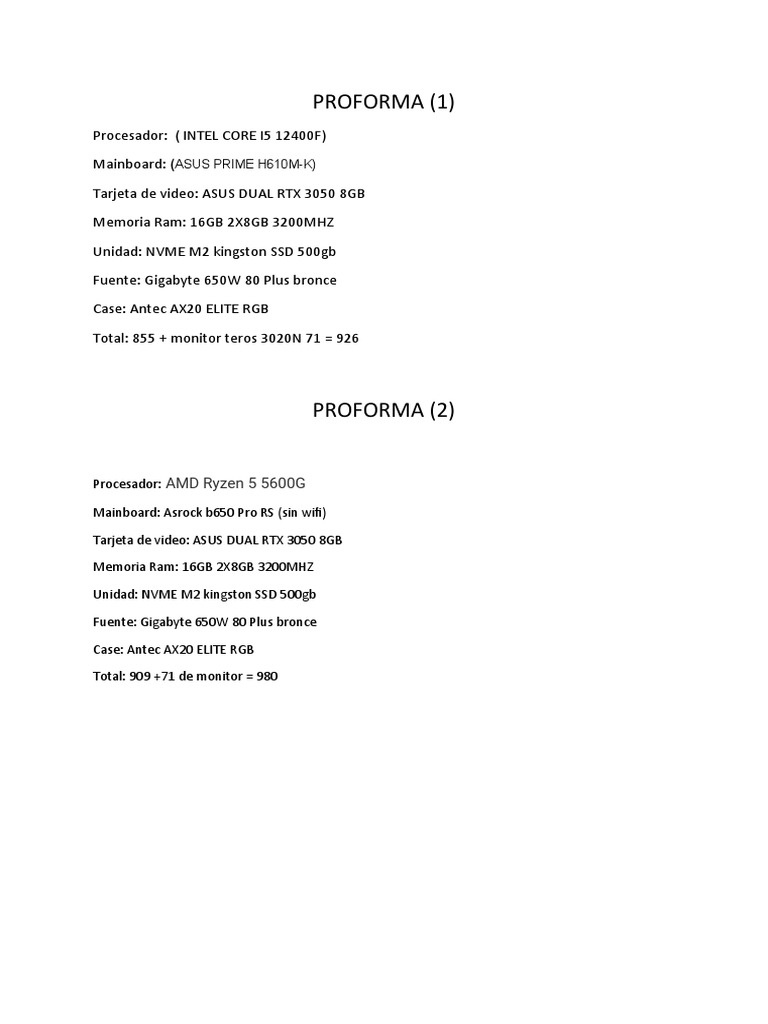 Proformas de PCs Gama Media y Baja | PDF | Informática