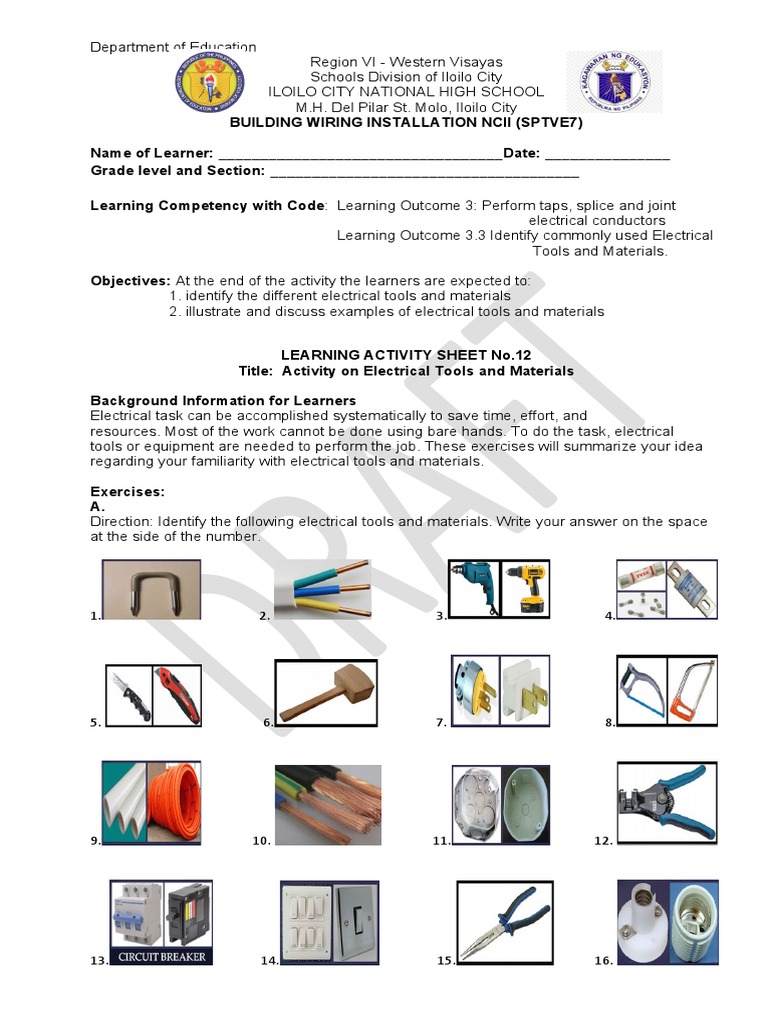 Activity Sheet No.12electrical Tools and Materials PDF Electrical