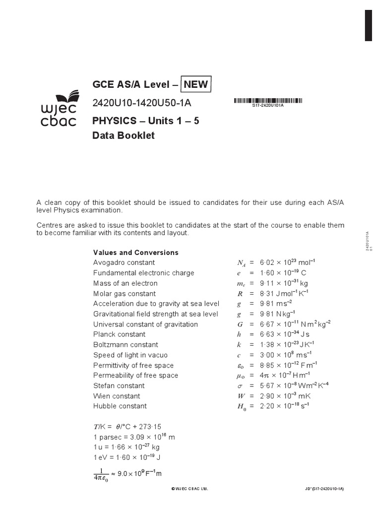 Data booklet wjec physics a level pdf metrology quantity