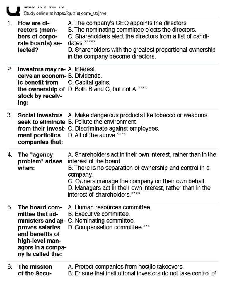 Print Bus 100 CH 13 Quizlet PDF Stocks Executive Compensation