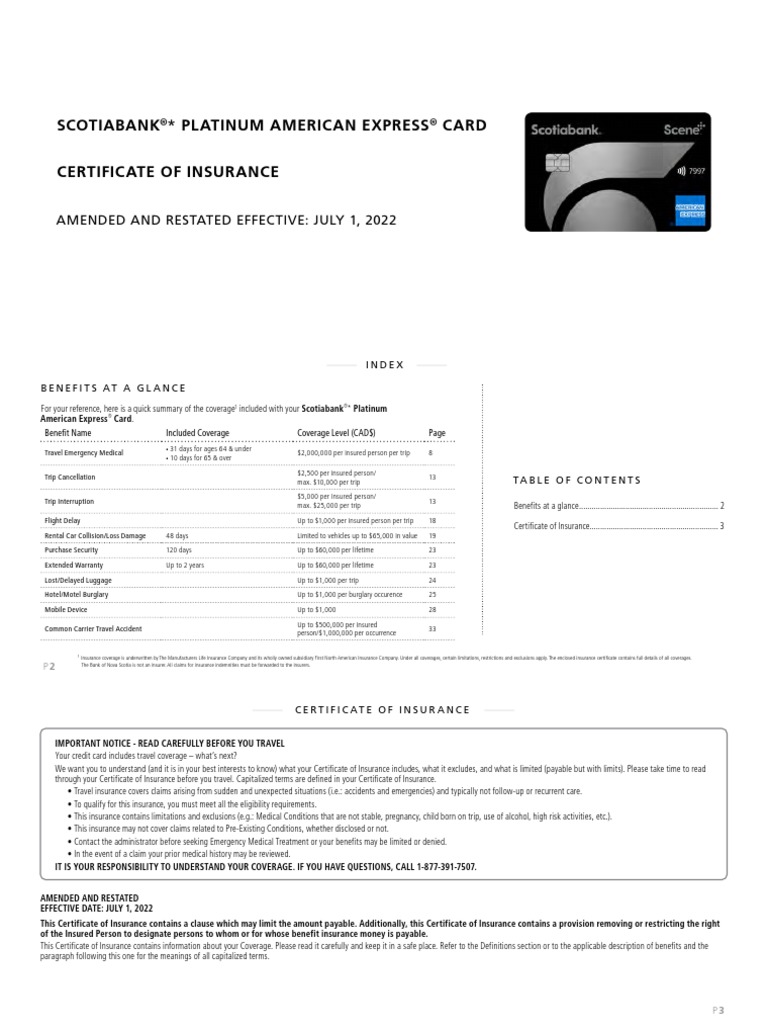 Platinum American Express Insurance Certificate EN PDF Insurance