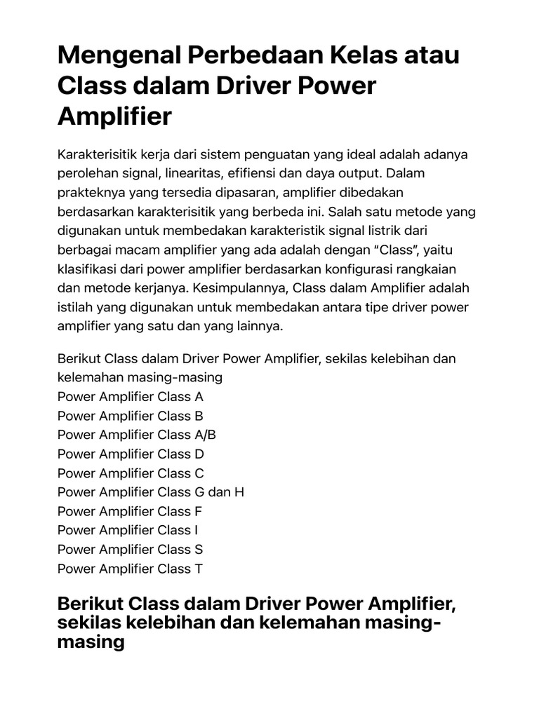 Mengenal Perbedaan Kelas Atau Class Dalam Driver Power Amplifier | PDF