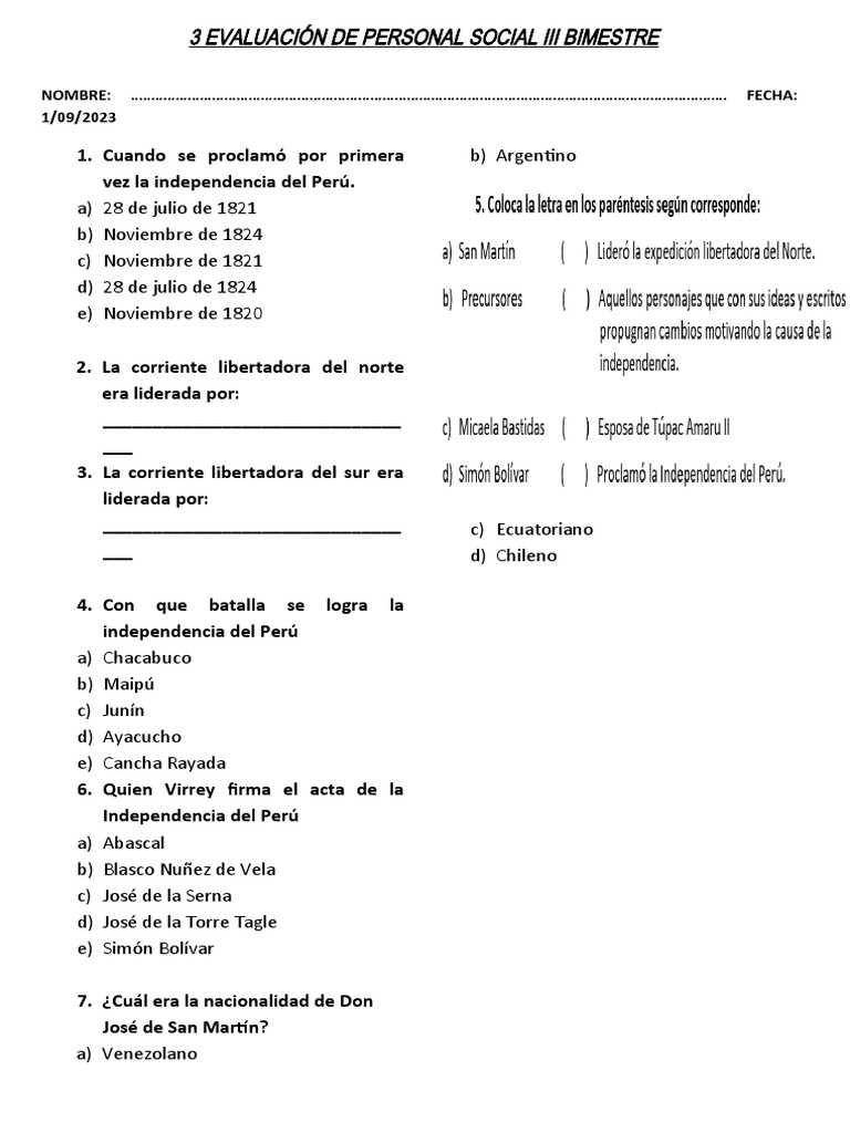 3 Evaluacion de Personal Social Iii Bimestre | PDF | América del Sur | Perú