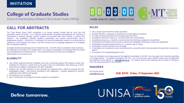 3MT Competition Call for Abstracts | PDF | Thesis | Doctor Of Philosophy