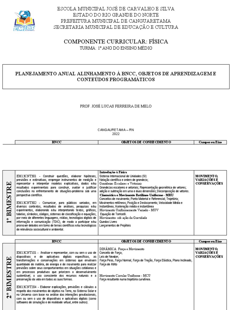 Planejamento Anual de Física - 1º Ano | PDF | Força | Science