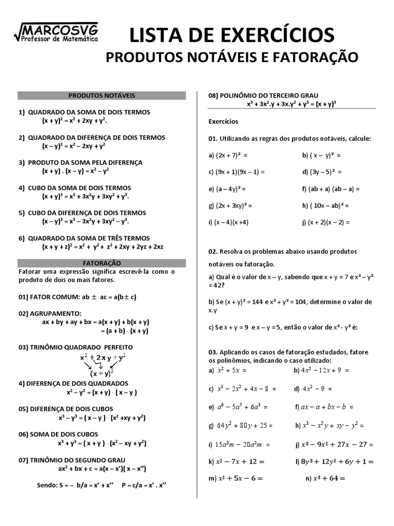 Exercícios sobre Produtos Notáveis | PDF | Matemática | Álgebra