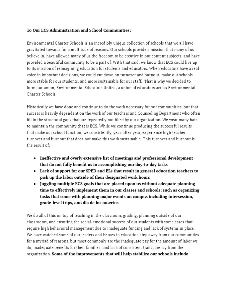 Environmental Educators United Union Statement PDF Cost Of Living