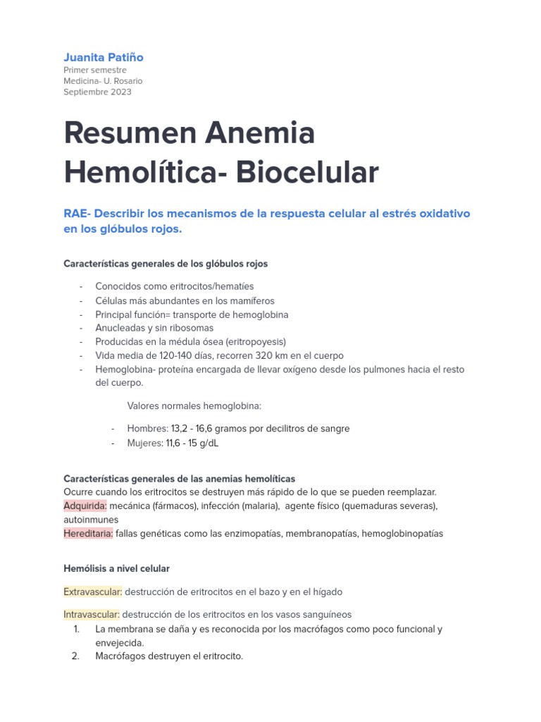Anemia Hemolítica: Mecanismos y Causas | PDF | Glóbulo rojo | Estrés ...
