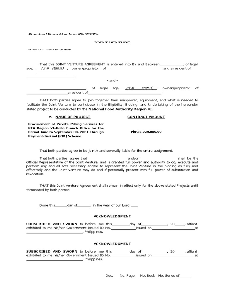 Standard Form Number SFGOOD Joint Venture PDF Economies
