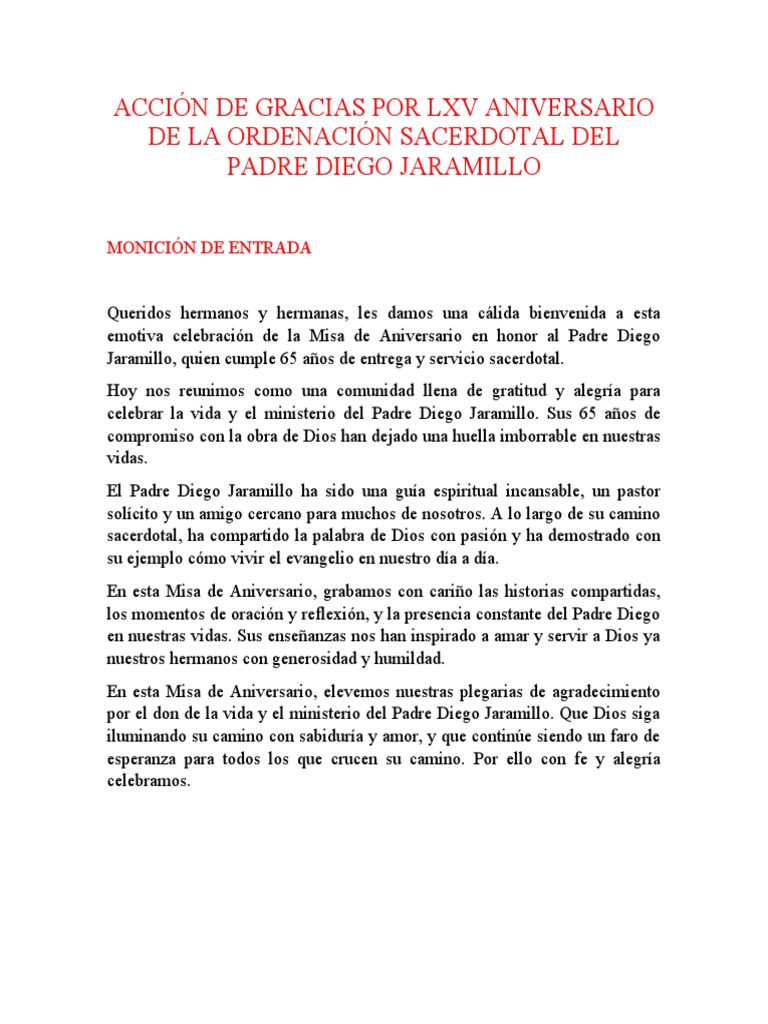 Acción de Gracias Por LXV Aniversario de La Ordenación Sacerdotal Del ...