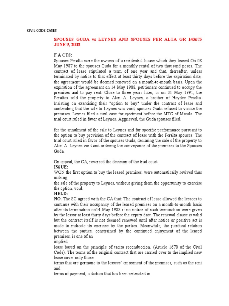 Ejectment Case: Guda vs. Leynes Ruling | PDF | Lease | Consent