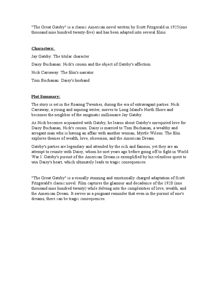 The Great Gatsby Film Summary PDF