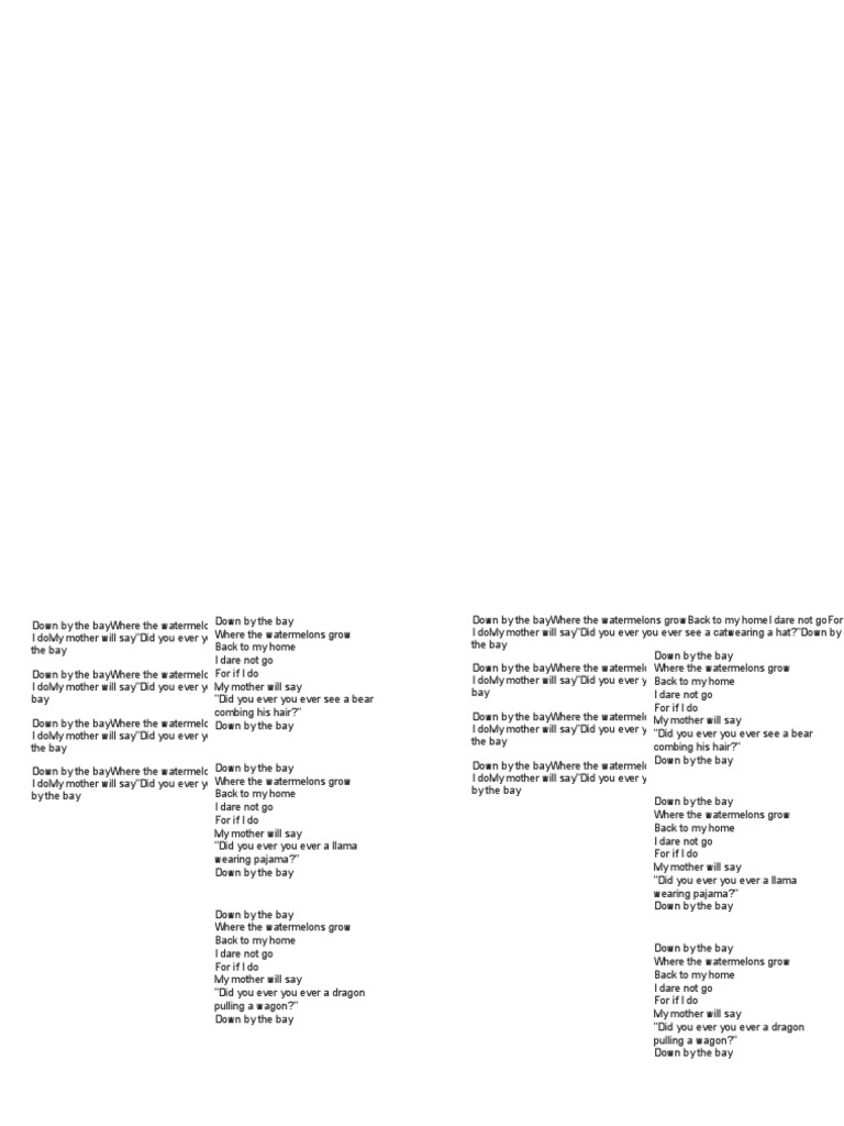 Down by The Bay Lyrics PDF Fashion Clothing