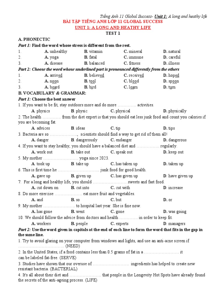 Tieng Anh 11 Bai Tap Bo Tro Unit 1 Test 1 Test 2 Sach Global Success