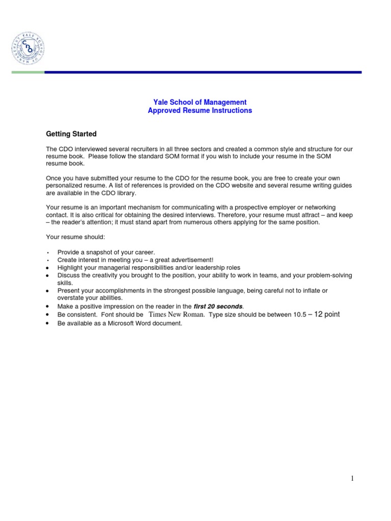 Getting Started Yale School of Management Approved Resume Instructions