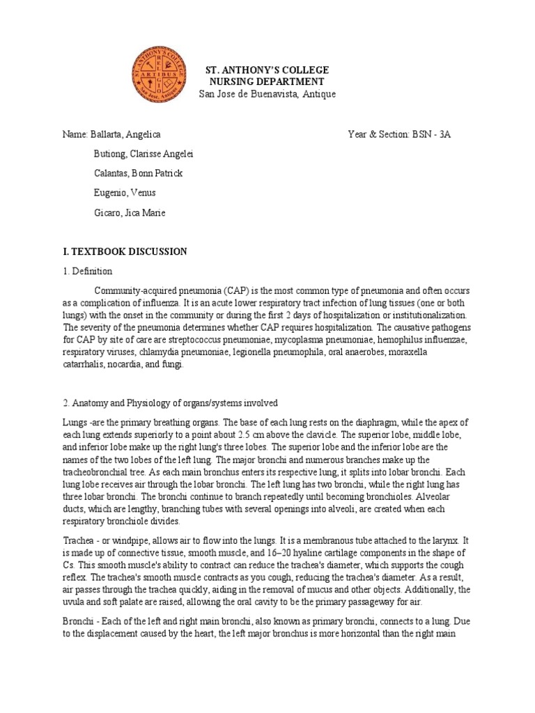Textbook Discussion On Acute Community-Acquired Pneumonia (BSN 3A-Group ...