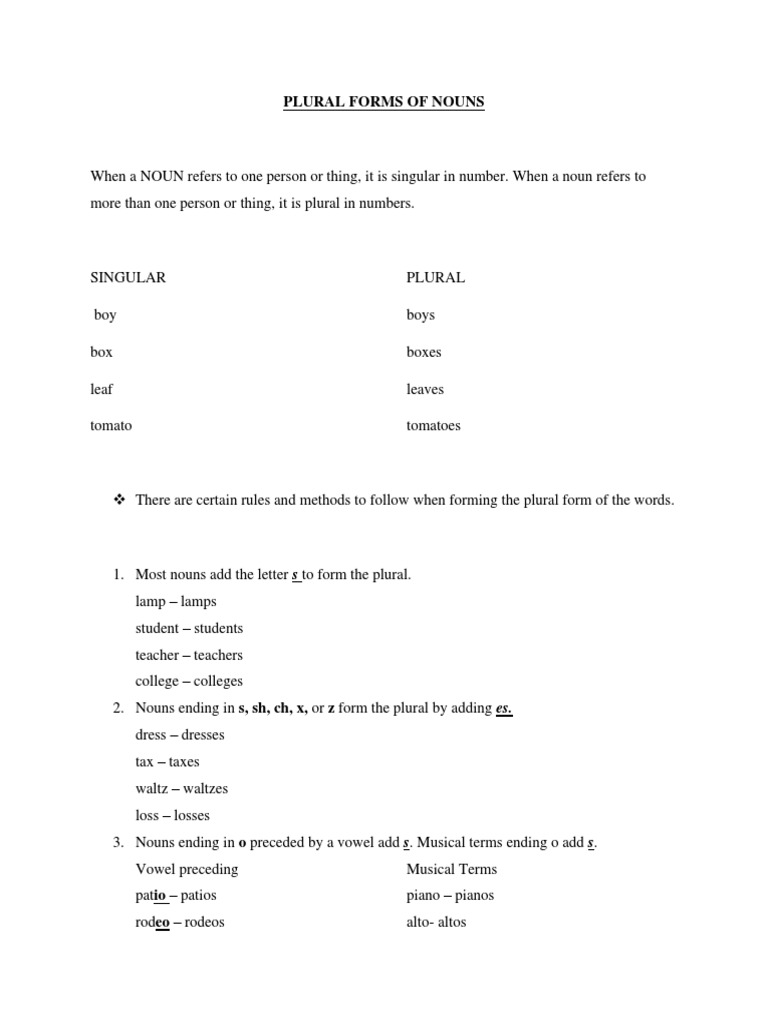 Plural Forms of Nouns PDF Plural Grammatical Number