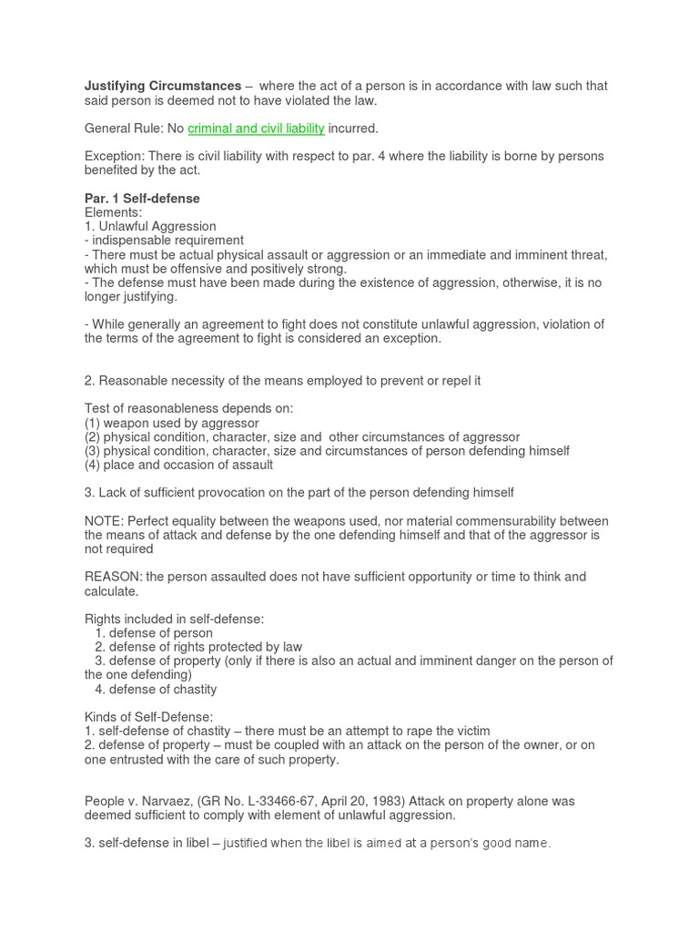 Justifying Circumstances in Self-Defense | PDF | Plea | Arraignment
