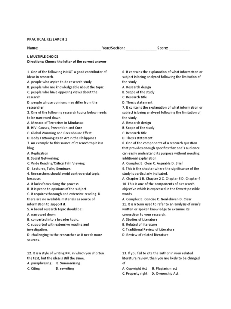Practical Research Long Quiz | PDF | Plagiarism | Cognition