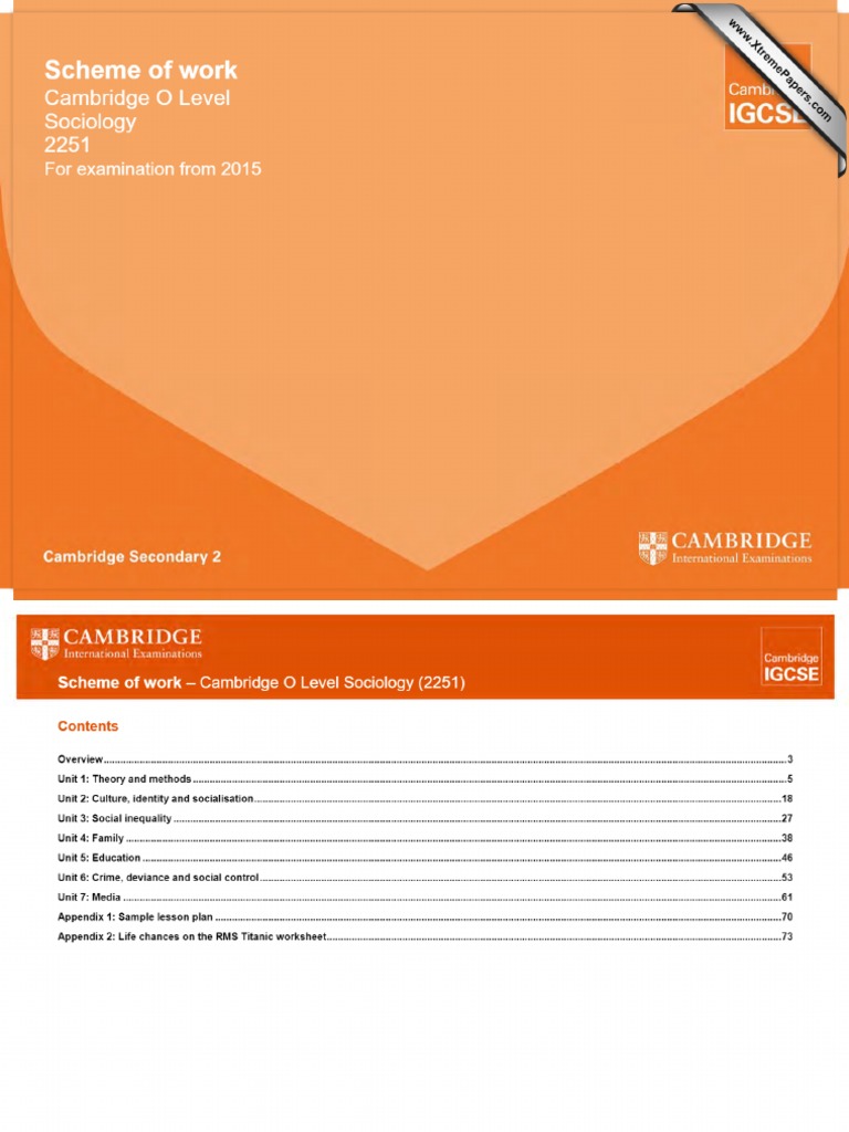 Scheme of Work Cambridge O Level Sociology 2251 | PDF