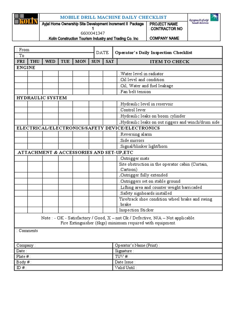Mobile Drill Machine Daily Checklist | PDF | Mechanical Engineering ...