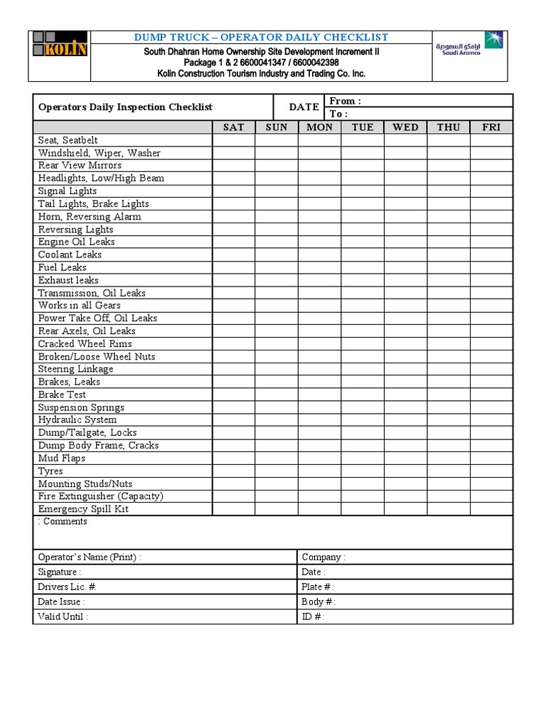 Daily Dump Truck Inspection Checklist | PDF | Business | Finance ...