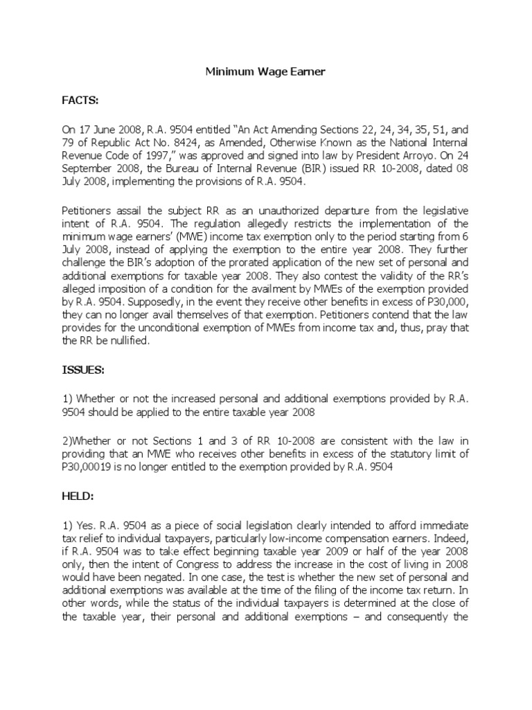Minimum Wage Earner Tax Exemption in PH | PDF | Cost Of Living | Taxes