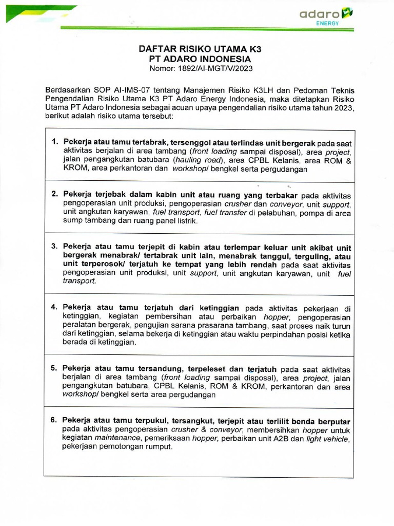Daftar Risiko Utama K3 PT AI | PDF
