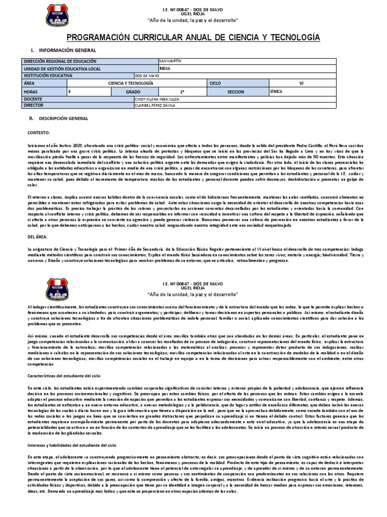 Programaci N Anual de 1ro de Secundaria 2023 - CyT | PDF | Aprendizaje ...