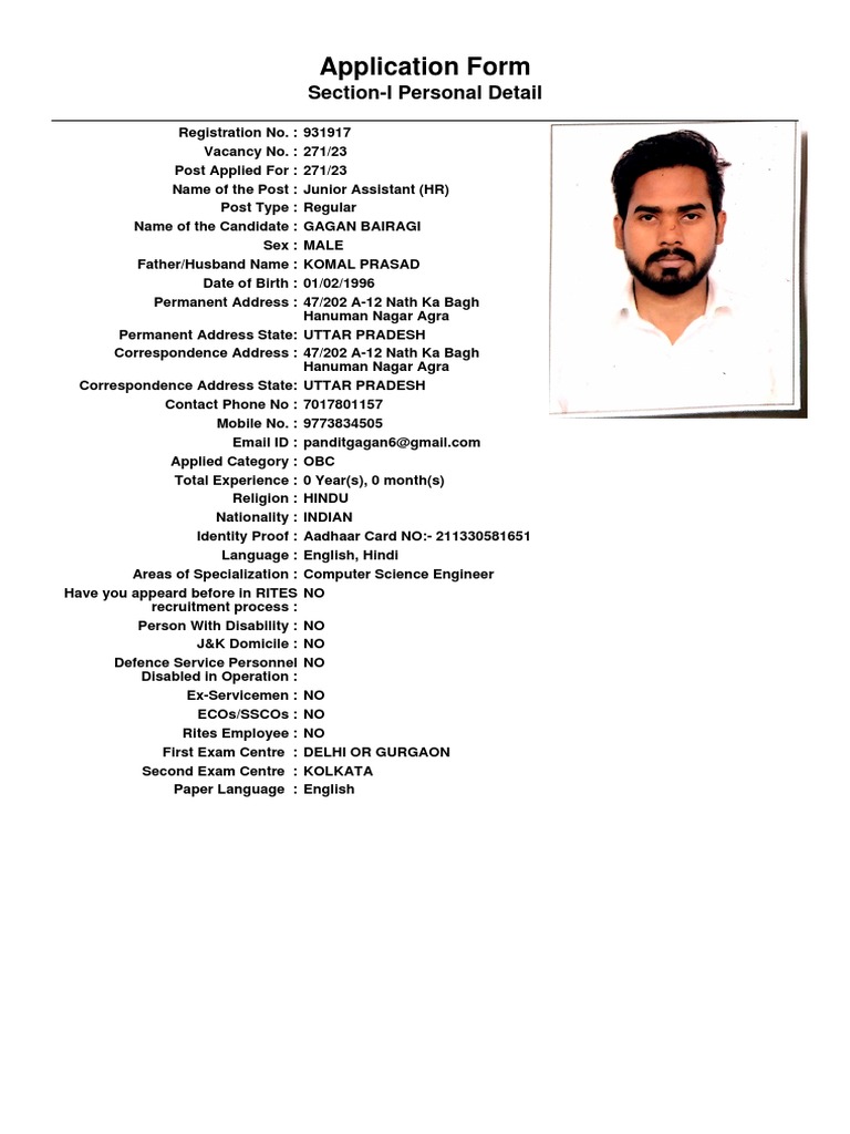 Application Form Section I Personal Detail PDF 