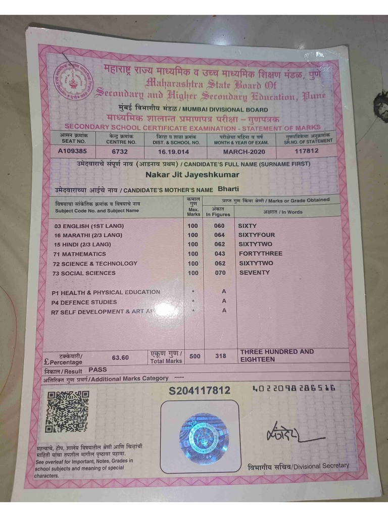 SSC Marksheet 2 | PDF