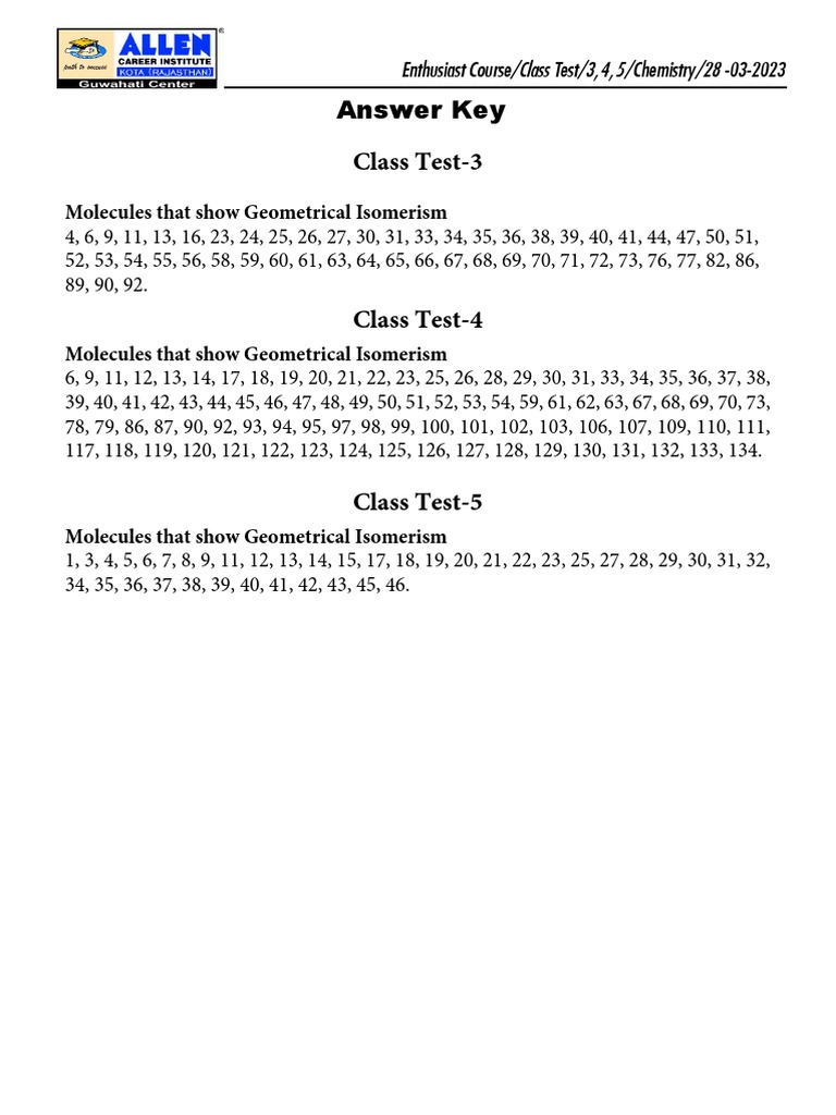 Class Test-3 Answer Key: Molecules That Show Geometrical Isomerism | PDF