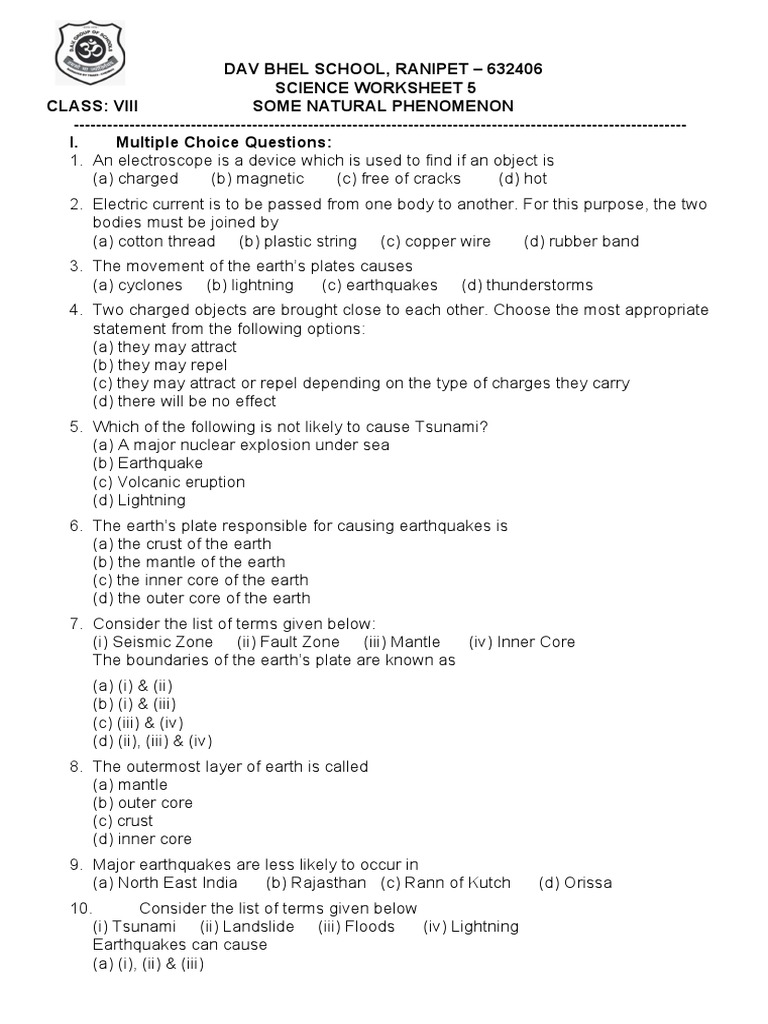 Class 8 Science Worksheet 6 | PDF | Earthquakes | Earth