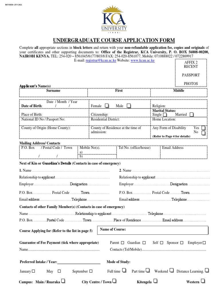 KCA University Undergraduate Application Form | PDF | Bachelor's Degree ...