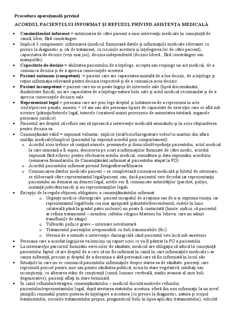 PO - Acordul Pacientului Informat Si Refuzul Privind Asistenta Medicala ...