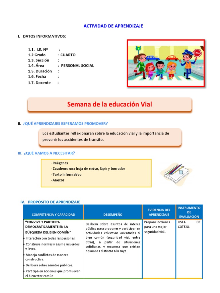 D1 A2 Sesion Ps Semana De La Educación Vial Pdf Evaluación Peatonal